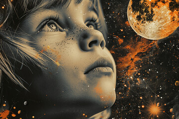 Fototapeta premium Child gazing at the cosmos in a retro-style space artwork collage, Generative AI blending imagination and wonder