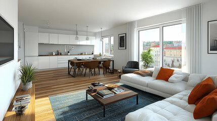 Fototapeta premium Modern Apartment Interior Design with White Sofa, Wooden Floor, and City View Through Large Windows