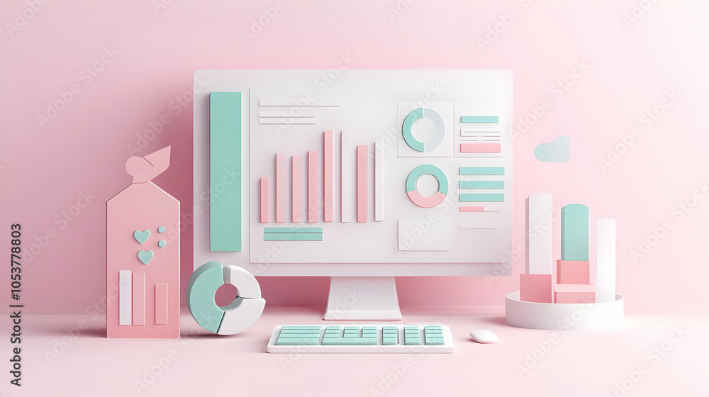 Poster 3d rendered pastel pink and green bar and pie charts on computer screen with keyboard and mouse