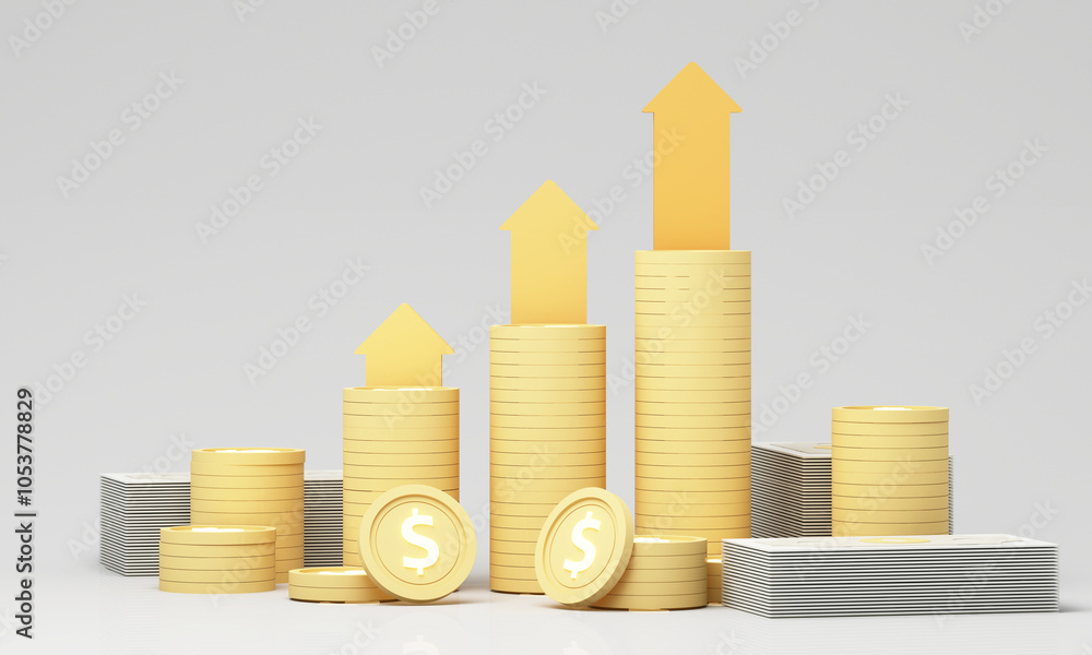 Poster 3d rendering with gold and yellow tones, symbolizing wealth and growth. features stacked coins and u