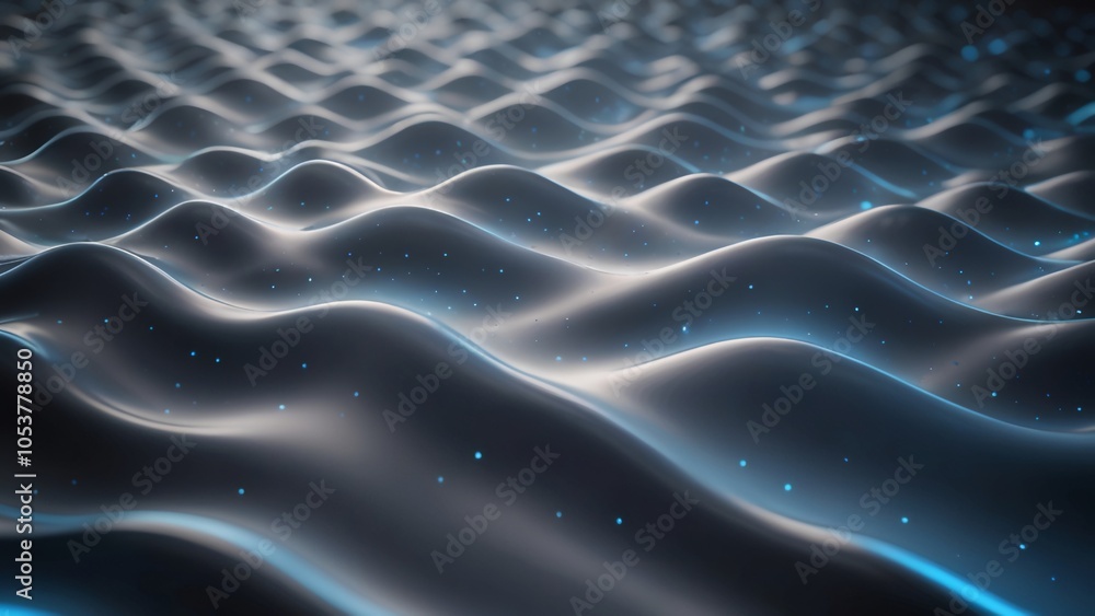 Poster 3d rendering of a smooth, wavy surface with a dark blue hue and tiny light particles.