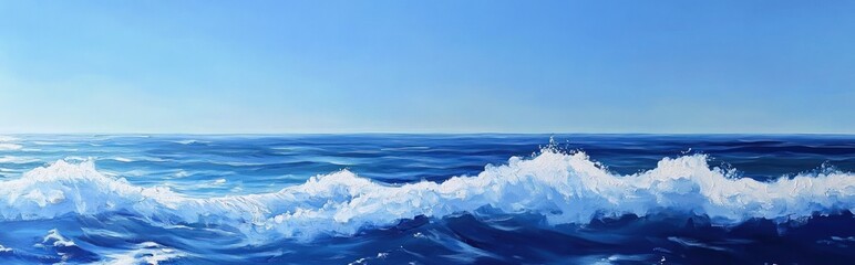 A panoramic view of a calm blue ocean with white foamy waves crashing on the surface.