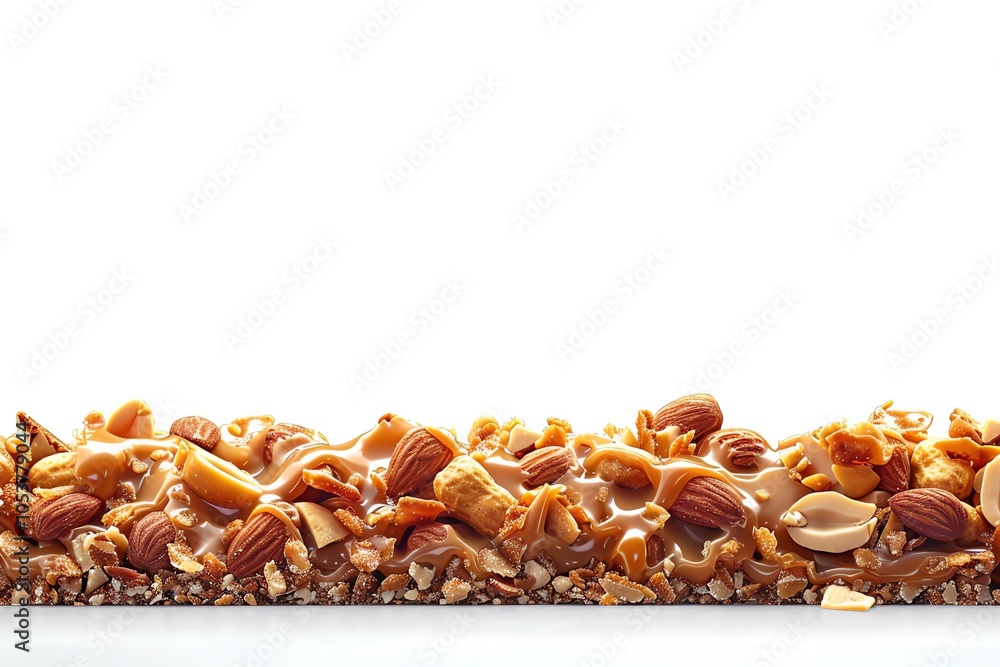 Poster close-up of a caramel and nut bar with copy space.
