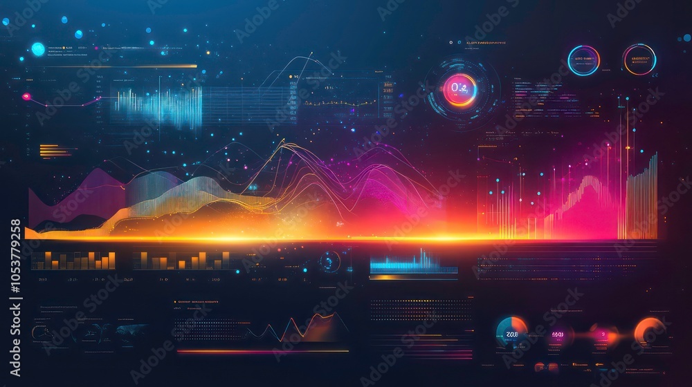 Leinwandbilder abstract data visualization with graphs, charts, and sound waves in vibrant colors.