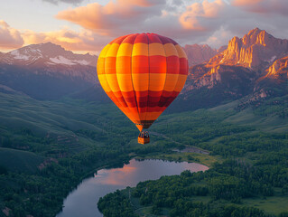 Fototapeta premium a hot air balloon floating over a picturesque village nestled in the mountains.
