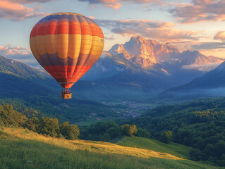 Naklejka premium a hot air balloon floating over a picturesque village nestled in the mountains.