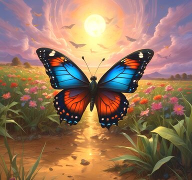 Illustration of batterfly flying on field with sunrise behind.