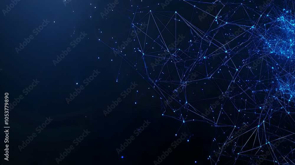 Poster abstract blue digital network with glowing nodes on a dark background