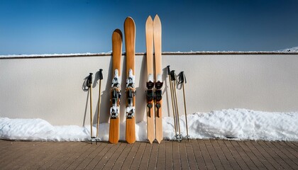 壁に寄り添う木製スキー板とポール、雪の質感が魅力の冬シーン