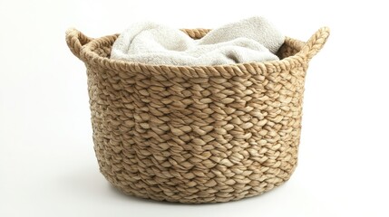Practical laundry basket, isolated on white, front view, full length, woven and fabric textures