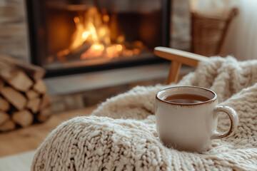 A cup of tea and winter atmosphere around it generative ai