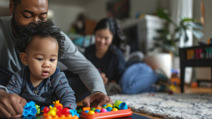 Tender Family Moments: African American Father Holding Multiracial Baby with Mother in Background. Generative ai.