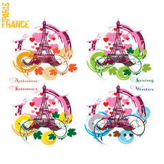 Eiffel Tower. Paris, France four seasons city design. Hand drawn illustration.