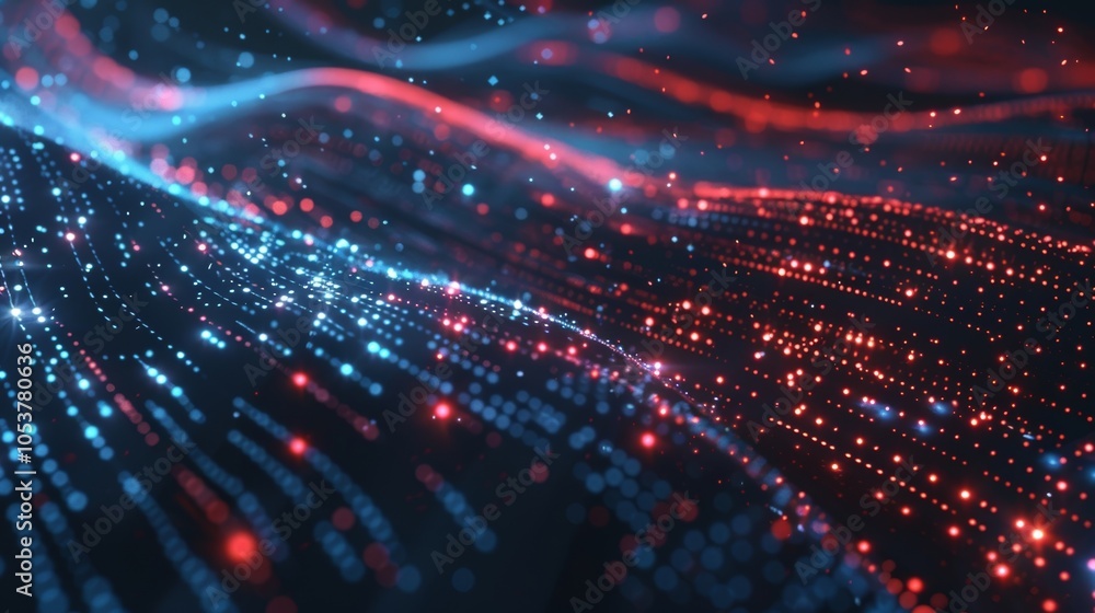 Poster abstract digital wave particles flowing and glowing with bokeh effect on black background, concept o