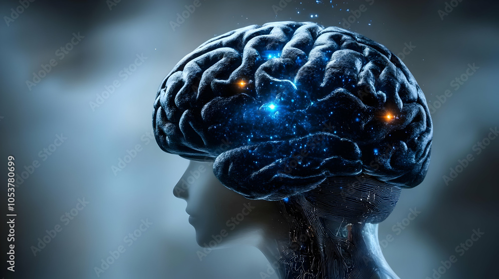 Poster 3d render of a human brain with glowing neural pathways and a nebulous background