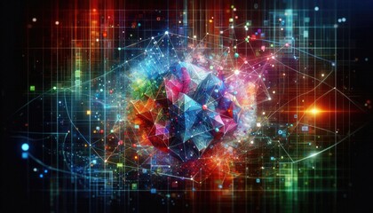 3D Digital Artwork of Machine Learning with Geometric Grids, Abstract Layers, and Data Clusters, Emphasizing AI Algorithms and Intelligent Computing