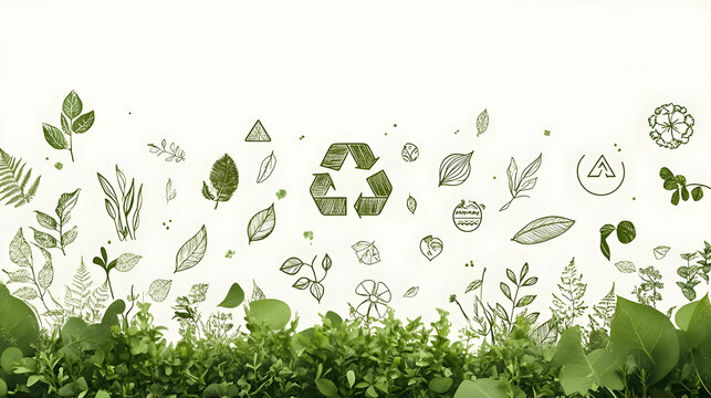 Hand-Drawn Green Leaves and a Recycle Symbol Illustration on White Background