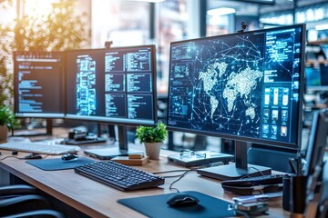 Naklejka premium Global Network Monitoring and Data Analysis on a Computer Screen.