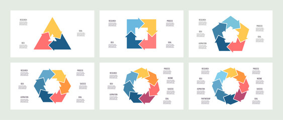 Business infographic template. Arrow Charts with 3, 4, 5, 6, 7, 8 options, steps. Vector charts.