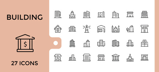 Set of Building line icons. Related to skyscraper, apartment, housing, construction, architecture and more. Minimal linear icons. Editable stroke.