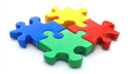 Fototapeta premium Puzzle pieces spread out and isolated on a white background, perfect for visuals related to challenges and solutions.