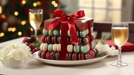 A Festive Tower of Macarons Decorated with a Red Ribbon, a Festive Treat for the Holiday Season
