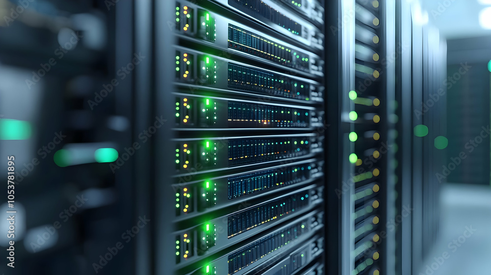 Poster close-up view of a server rack with green and yellow lights, indicating active network connections a