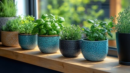 A Row of Potted Herbs on a Windowsill