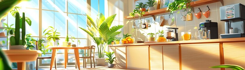 Fototapeta premium Modern Kitchen Interior with Sunny Window and Plants.