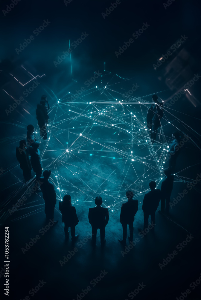 Poster portrait of people in profile with interconnected red lines, symbolizing a human network of collabor