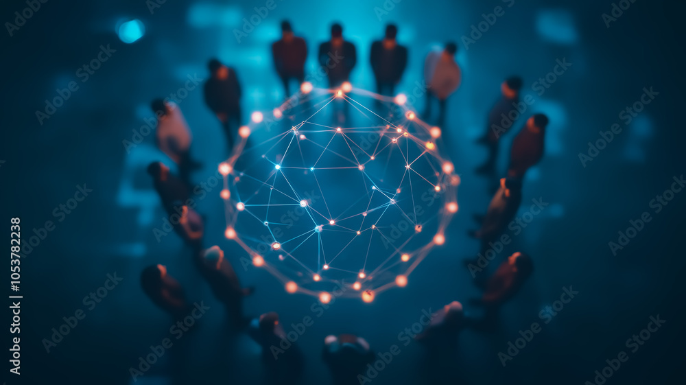 Poster silhouetted individuals gathered around a digital network, representing a collaborative hub in a mod