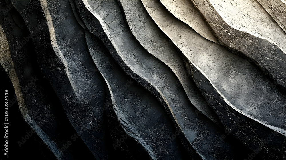 Poster abstract 3d render of wavy grey and black textured surface with depth and light