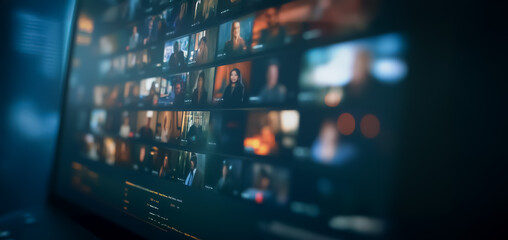 A monitor displaying multiple people in an online virtual meeting interface, with various participants visible, suitable for themes of remote work, communication, and technology.