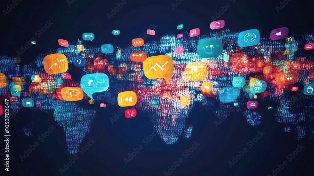 Leinwandbilder Digital representation of global communication through social media icons and data streams.