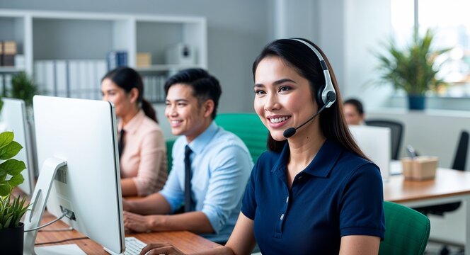 Filipino tech support assisting customer friendly smile headset and polo shirt office cubicle with computer early twenties female - Powered by Adobe