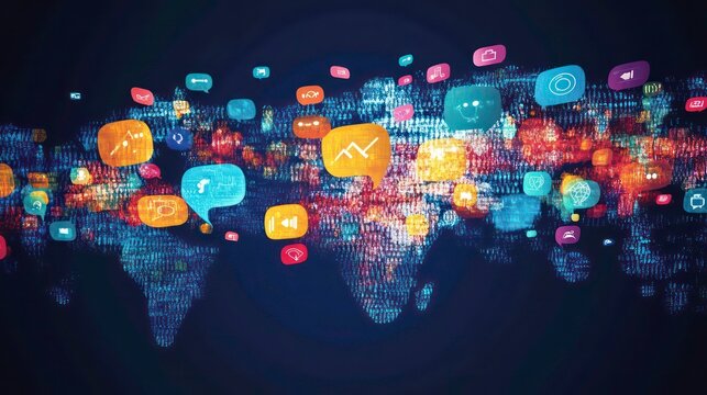 Digital representation of global communication through social media icons and data streams. - Powered by Adobe