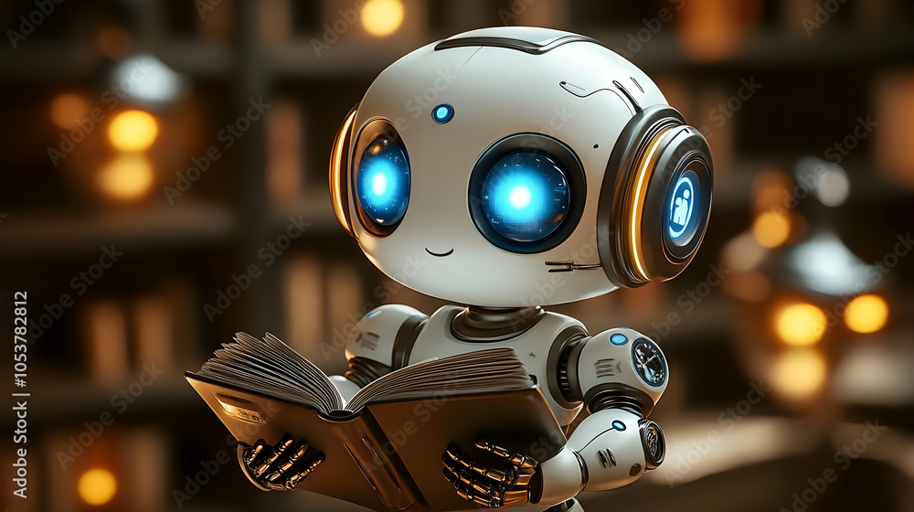 Poster a white robot with blue eyes reads a book in a library setting with warm lights