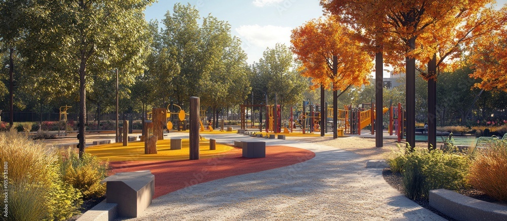 Poster a colorful playground in a park with a winding path, surrounded by trees with green and fall foliage