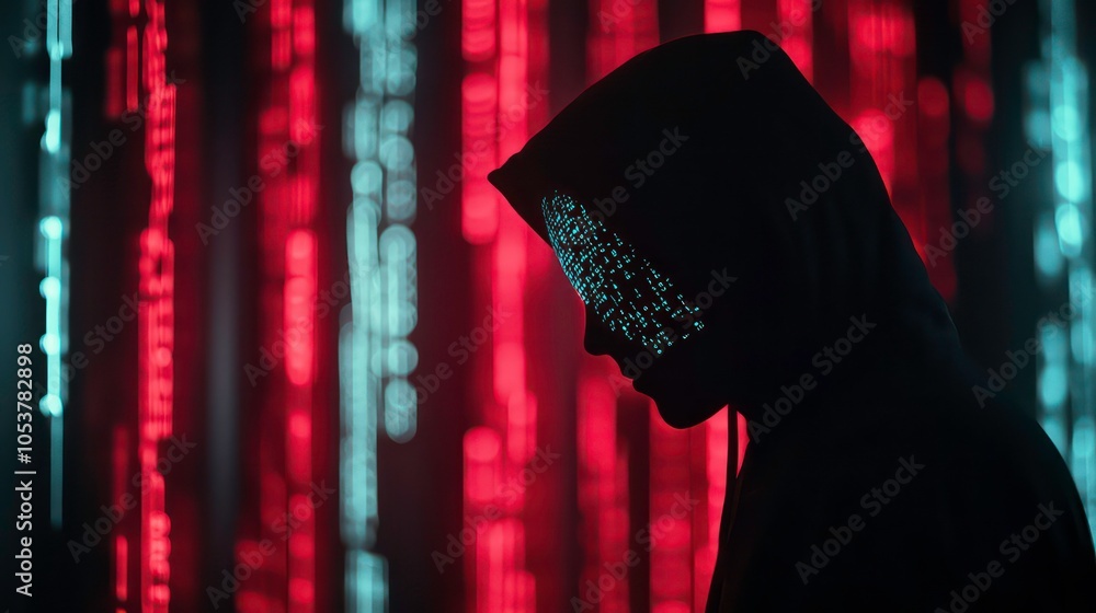 Poster A hooded figure with digital code reflected on their face, set against a backdrop of binary data.
