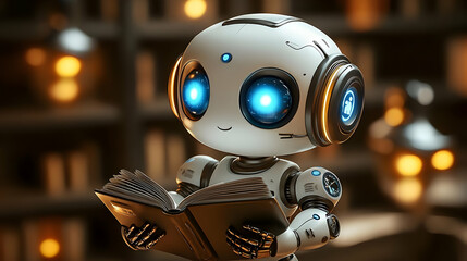Fototapeta premium A White Robot with Blue Eyes Reads a Book in a Library Setting with Warm Lights