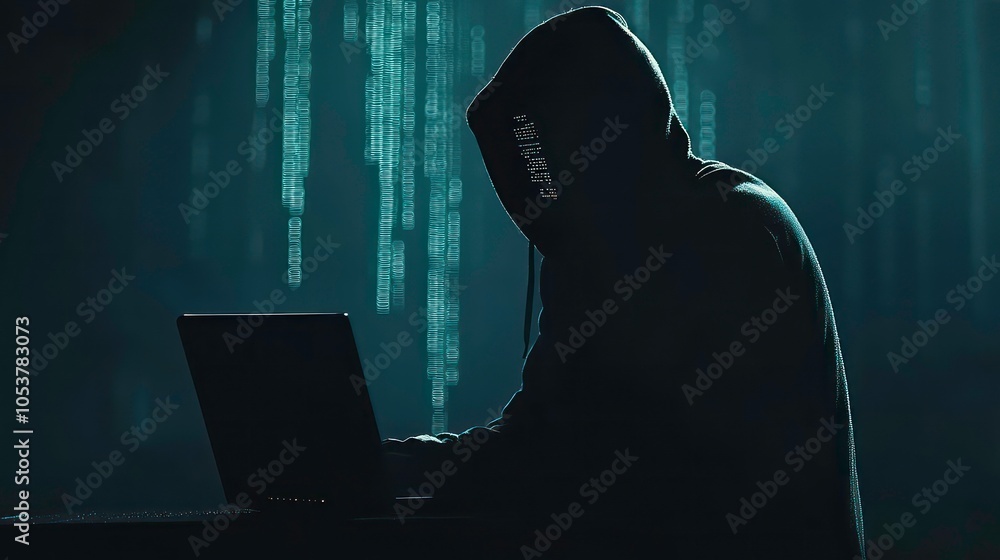 Poster a hooded figure sits in front of a laptop, their face obscured, with a wall of green code behind the