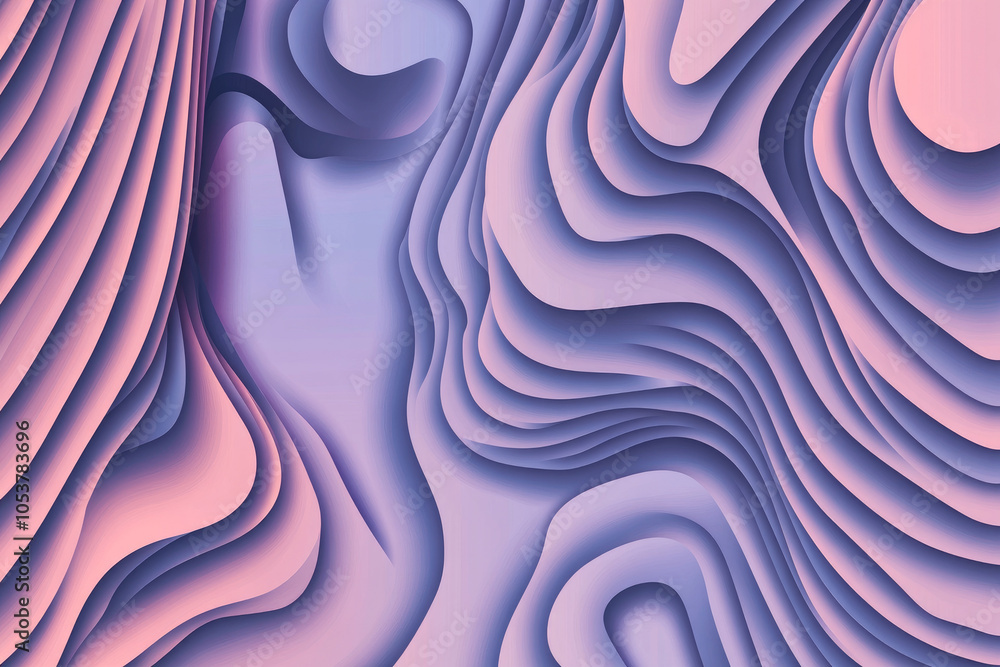 Poster abstract art with layered, flowing curves in soft pastel shades, creating a sense of movement and tr
