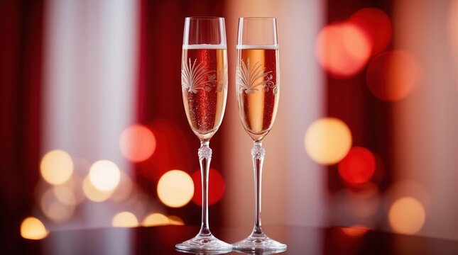 Elegant champagne flutes filled with sparkling rosé set against a warm, softly lit background, ideal for celebrations and toasting moments.