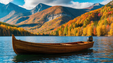 Obraz premium Tranquil lake scene featuring a wooden boat on calm water, surrounded by vibrant autumn foliage and majestic mountains under a partly cloudy sky.