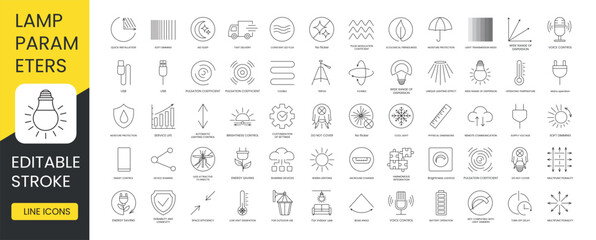 Lamp specification and characteristics set of line icons vector with editable stroke, energy saving, less attractive to insects and smart control, turn off and delay, low heat, dissipation and tripod