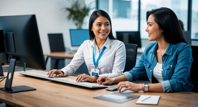 Latin tech support specialist helping customer attentive look casual attire with ID badge office with desks and computers mid twenties female