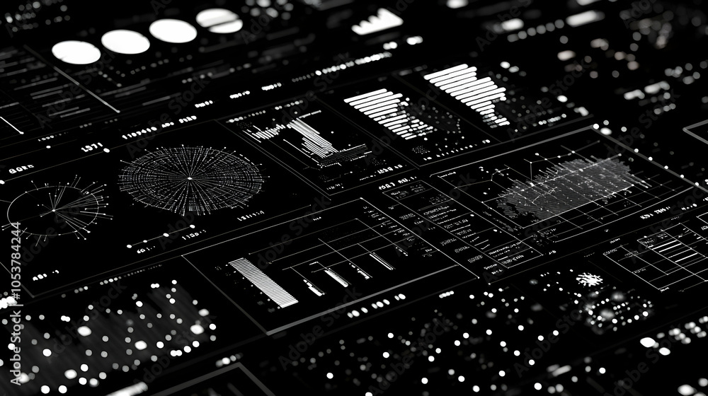 Poster abstract black and white digital interface with graphs and charts
