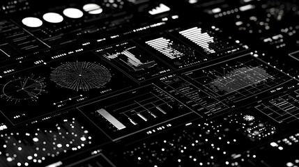 Abstract Black and White Digital Interface with Graphs and Charts