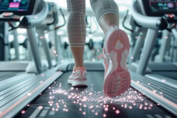 Woman running on treadmill with digital fitness data visualization in modern gym.