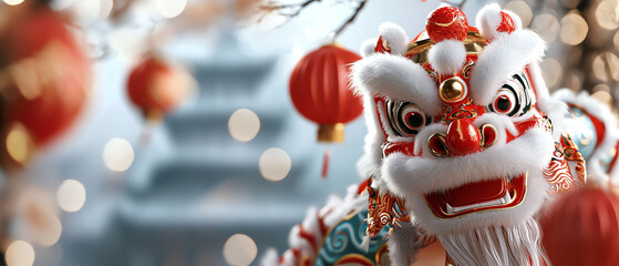 Obraz premium Vibrant chinese lion dance celebration in front of a traditional temple with colorful lanterns